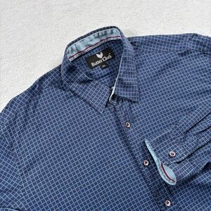 Buttercloth Shirt Mens XL Blue Cotton Checkerd Flip Cuff Travel Preppy Button Up